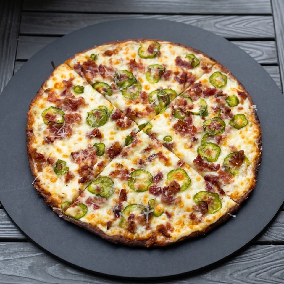 A sliced pizza with melted cheese, bacon bits, and green jalapeño peppers on a dark plate.