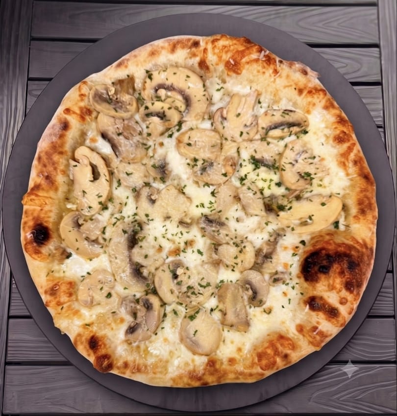 A freshly baked mushroom pizza with white sauce and herbs on a dark plate.