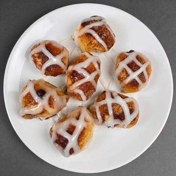 Seven mini cinnamon buns with white icing drizzled in a crosshatch pattern on a white plate.