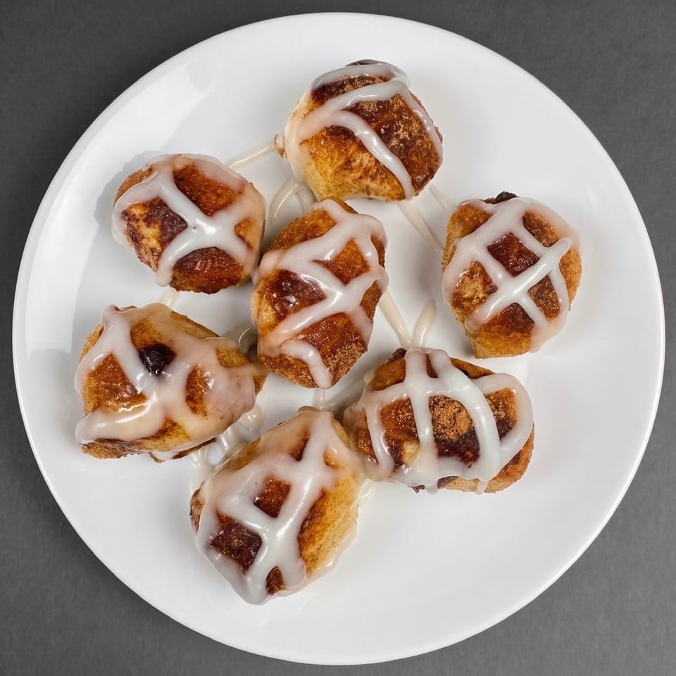Seven mini cinnamon buns with white icing drizzled in a crosshatch pattern on a white plate.