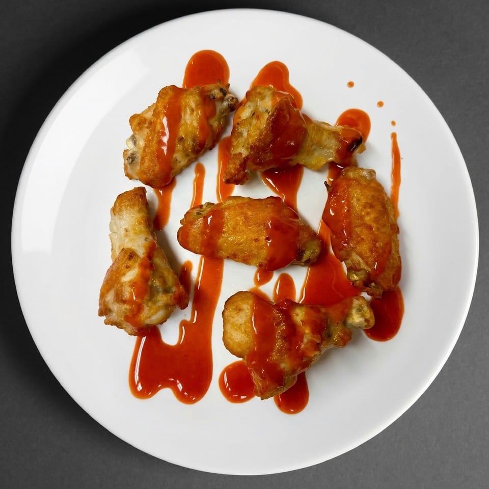 Six golden-brown chicken wings drizzled with red hot sauce, arranged on a white plate.