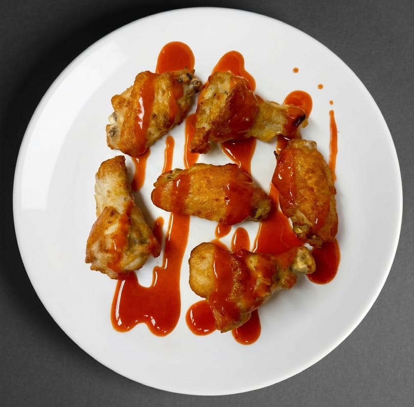 Six golden-brown chicken wings drizzled with red hot sauce, arranged on a white plate.