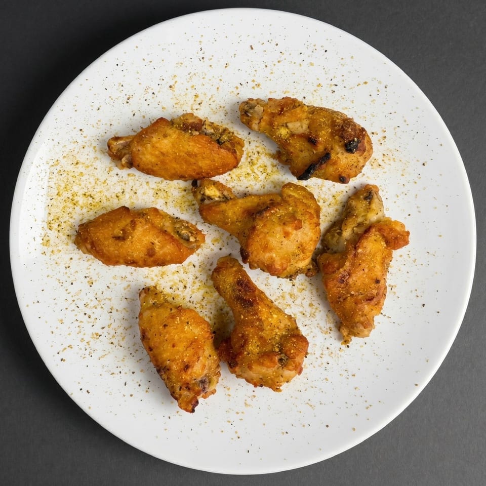 Seven golden-brown chicken wings, seasoned with spices, arranged on a white plate against a dark background.