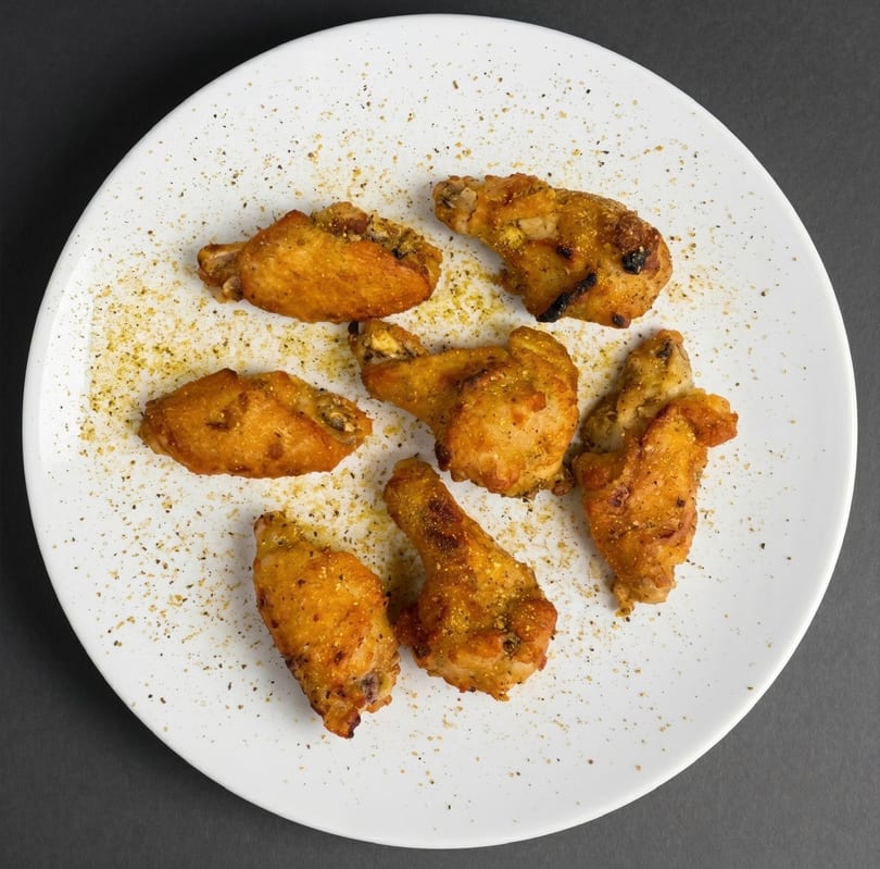 Seven golden-brown chicken wings, seasoned with spices, arranged on a white plate against a dark background.