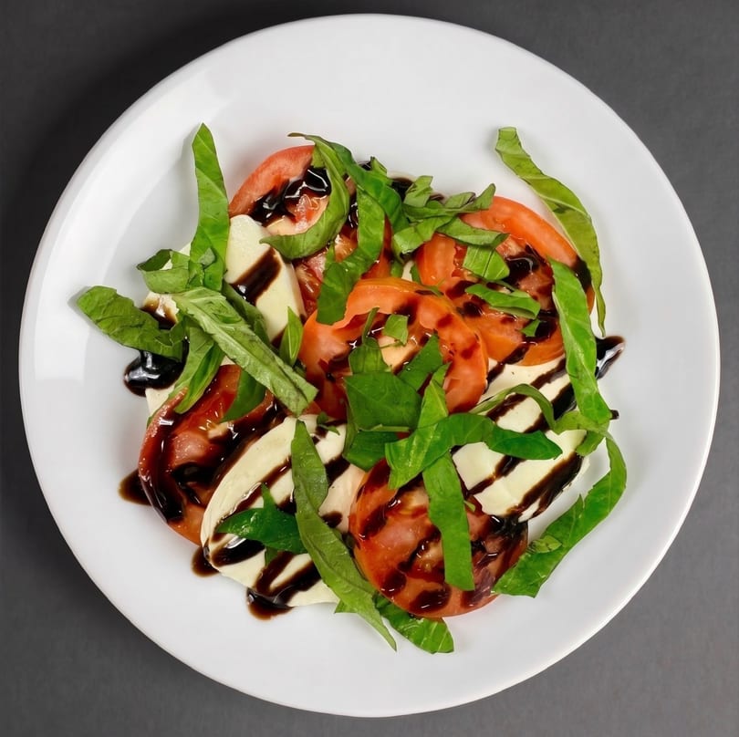 Caprese salad with sliced tomatoes, mozzarella, fresh basil, and balsamic glaze on a white plate.