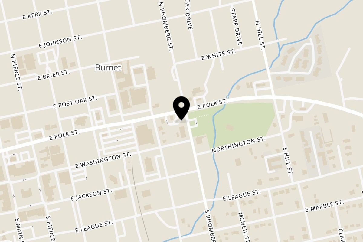 Map showing the location of Scot's Pizza on 609 E Polk St in Burnet